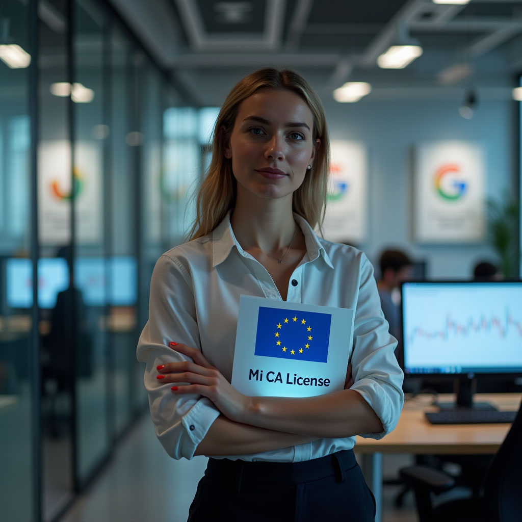 Marbie explaining MiCA crypto regulations at a tech company office with Google and EU visuals