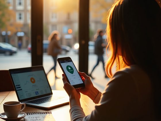 A confident woman holding a glowing Ethereum logo in a neon-lit futuristic city with blockchain visuals behind her.
