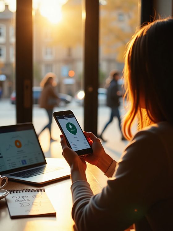 A confident woman holding a glowing Ethereum logo in a neon-lit futuristic city with blockchain visuals behind her.