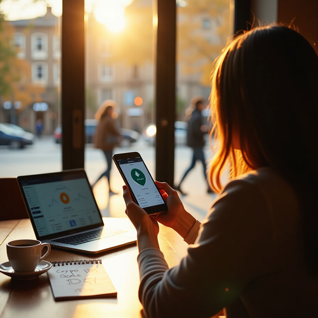 A confident woman holding a glowing Ethereum logo in a neon-lit futuristic city with blockchain visuals behind her.