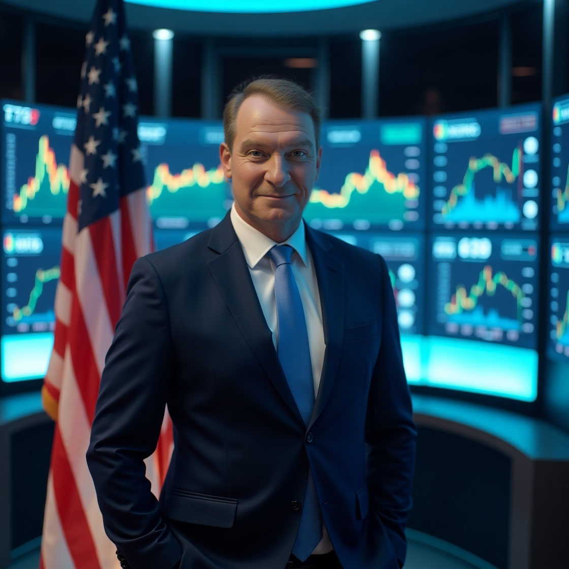 Paul Atkins smiling confidently in front of a digital stock market screen filled with crypto prices and green upward arrows, representing the positive shift in the SEC’s crypto stance