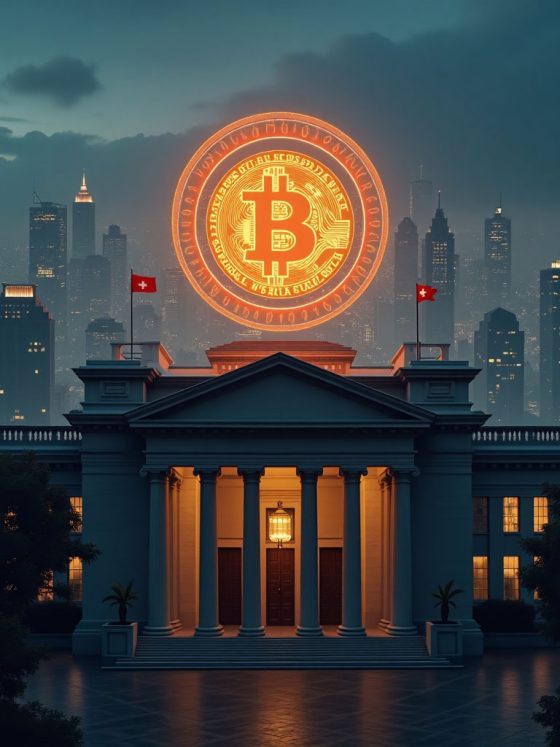 Swiss National Bank building with a digital Bitcoin symbol reflecting the ongoing debate about Bitcoin as a reserve asset in Switzerland
