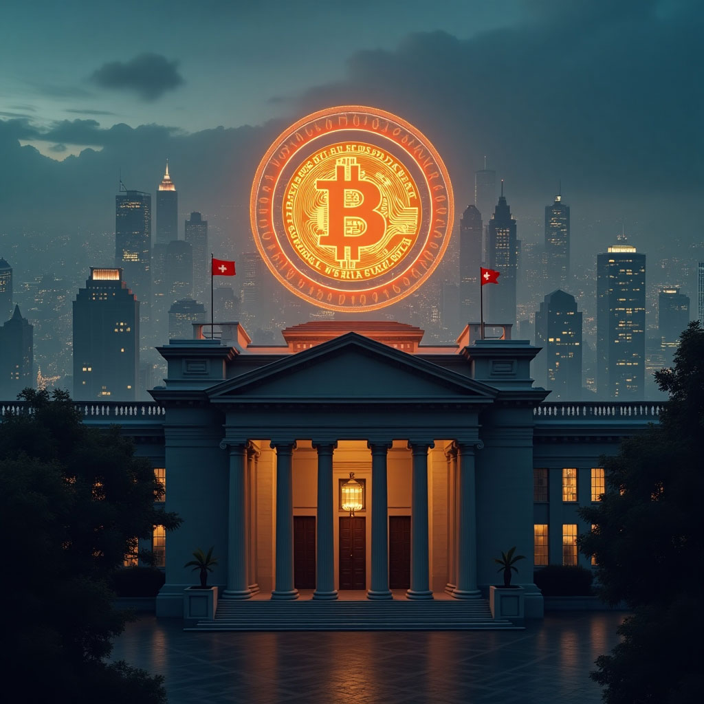 Swiss National Bank building with a digital Bitcoin symbol reflecting the ongoing debate about Bitcoin as a reserve asset in Switzerland