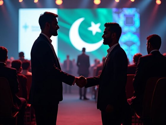 Young Pakistani tech innovators collaborating with American executives at a blockchain event, cinematic lighting