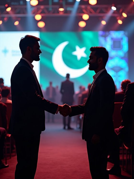 Young Pakistani tech innovators collaborating with American executives at a blockchain event, cinematic lighting