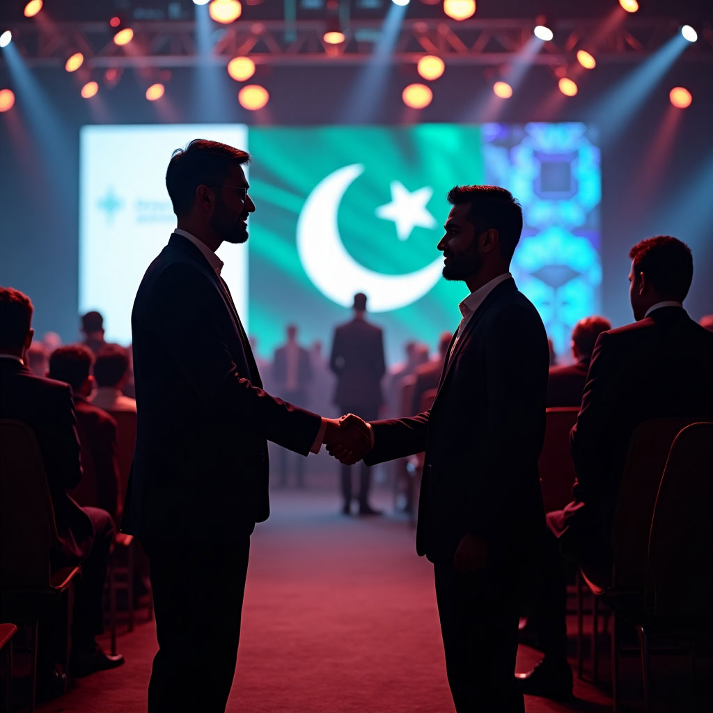 Young Pakistani tech innovators collaborating with American executives at a blockchain event, cinematic lighting