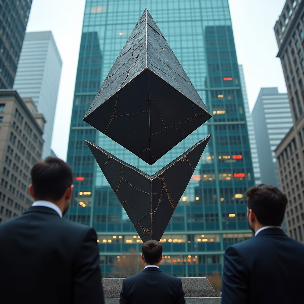 Ethereum logo fading in front of a futuristic digital cityscape highlighting network challenges