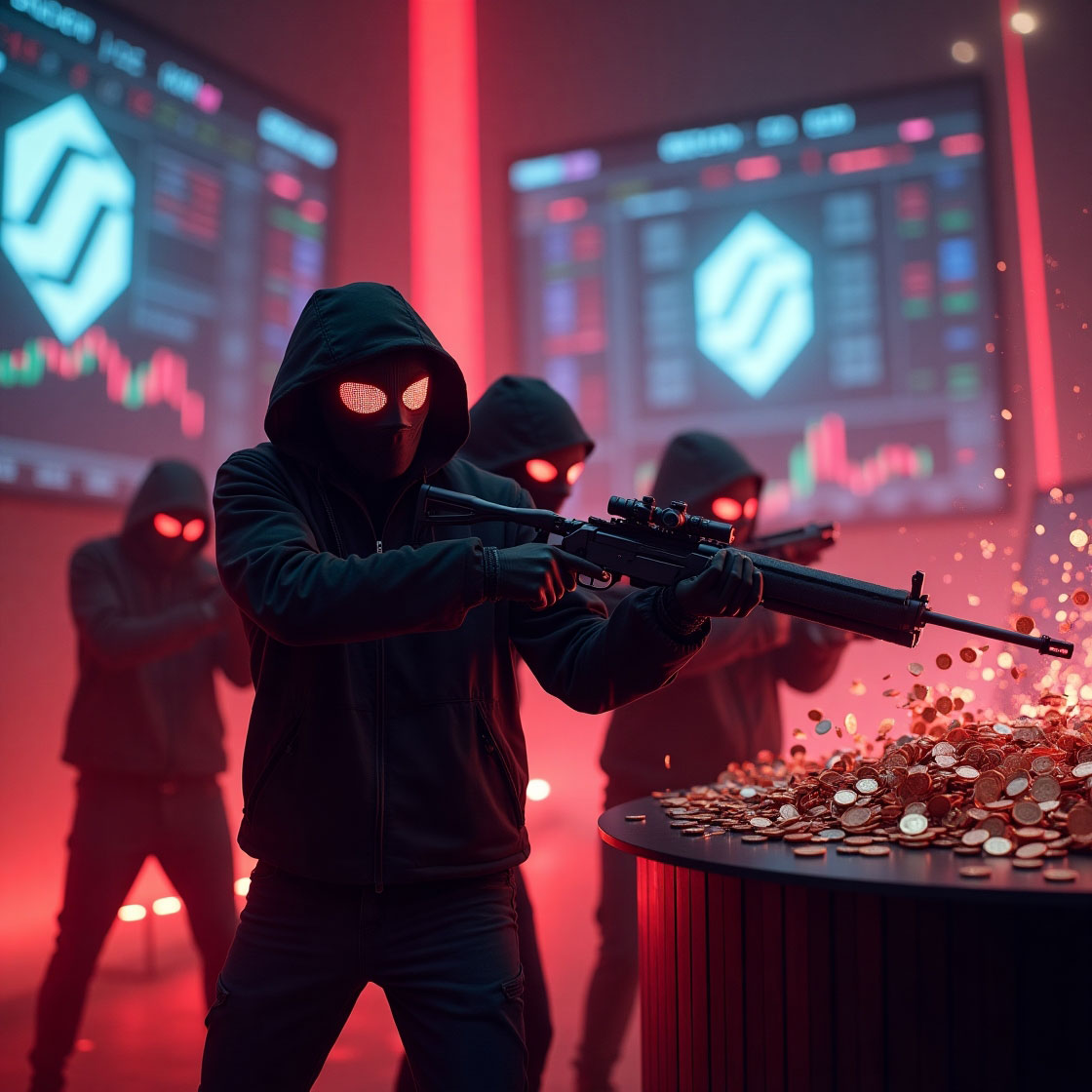 A digital sniper targeting Solana meme coins on a high-tech screen with red warnings and market charts crashing