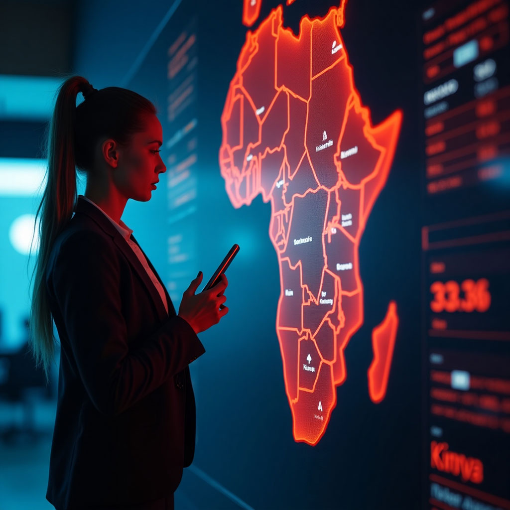 Crypto compliance control room showing Africa map with South Africa and Kenya highlighted, with Kenyan flag and digital interface visuals