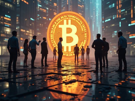 A group of crypto investors pushing a giant Bitcoin toward a glowing "$100,000" sign