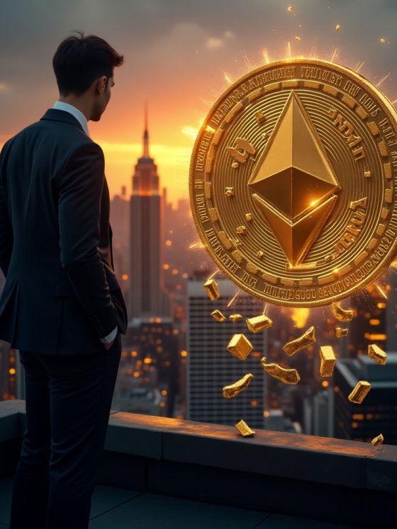 Two Prime’s decision to exit Ethereum and focus on Bitcoin, symbolized by Ethereum coin fading into the background and Bitcoin shining in the forefront