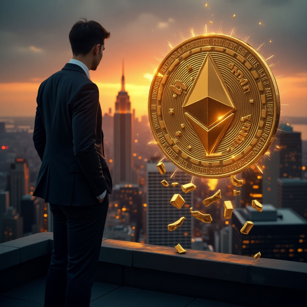 Two Prime’s decision to exit Ethereum and focus on Bitcoin, symbolized by Ethereum coin fading into the background and Bitcoin shining in the forefront