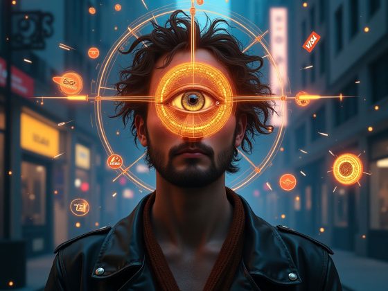 A person verifying their identity using a digital crypto-based app in a futuristic setting