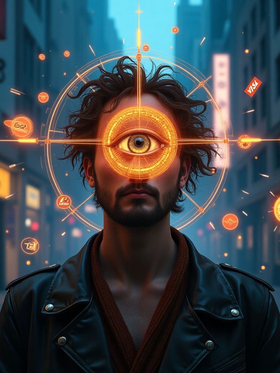 A person verifying their identity using a digital crypto-based app in a futuristic setting