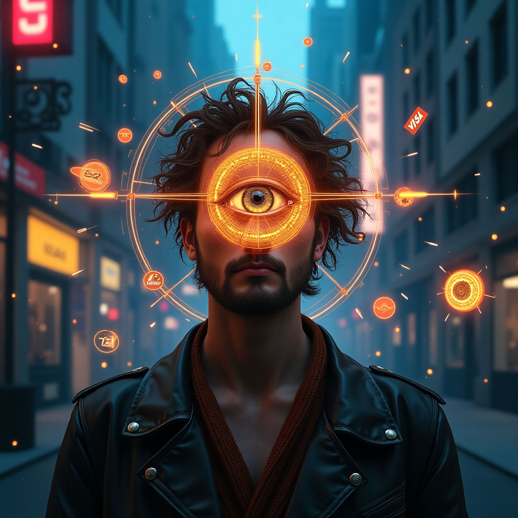 A person verifying their identity using a digital crypto-based app in a futuristic setting