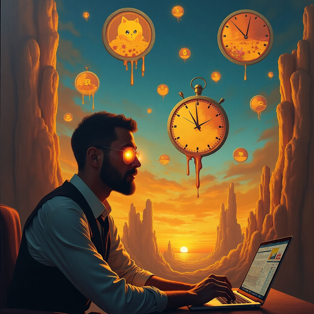 A digital painting showing traders emotionally reacting to rising memecoin charts in a surreal, casino-like environment.